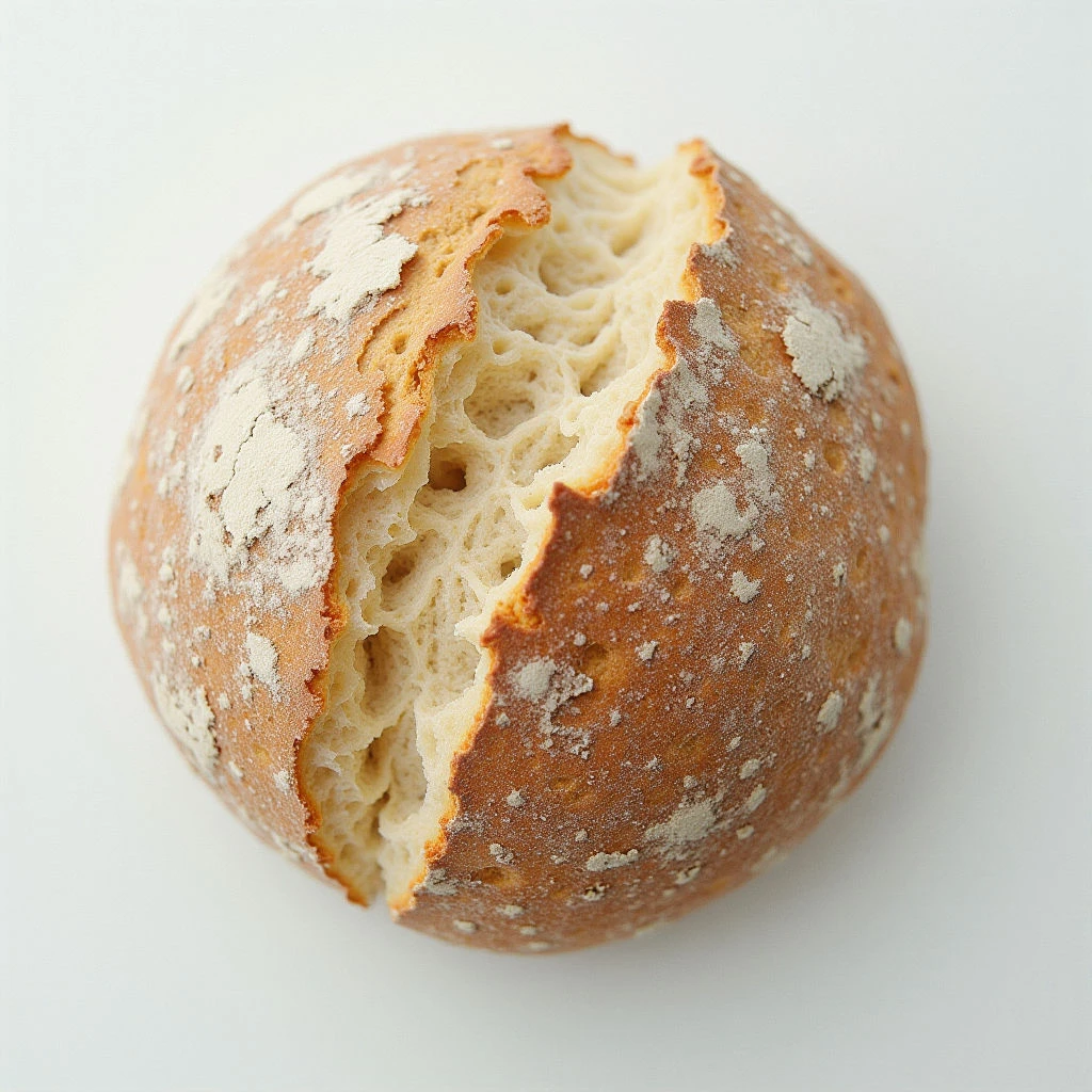 A round loaf of bread is broken open, revealing a light and airy interior. The crust is golden brown with patches of flour dusting its surface. It sits against a stark white background, highlighting the texture and color of the baked good.