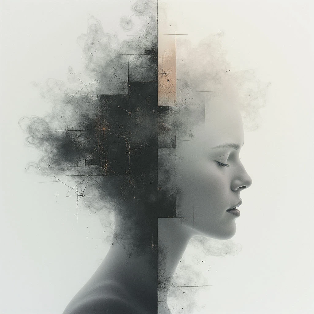 A woman’s face is shown in profile, split down the middle with one side appearing solid and the other dissolving into smoke and geometric shapes. The right side of her face is light and detailed, while the left fades into darkness overlaid with a network of lines. This creates an image suggesting duality, fragmentation, or perhaps a transition between states of being.