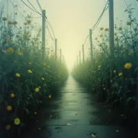 A long, wet road stretches into a hazy distance, flanked on both sides by tall grasses and bright yellow wildflowers. Utility poles with wires overhead line the path, disappearing into the fog. The overall tone is muted and dreamlike, suggesting stillness and perhaps isolation.