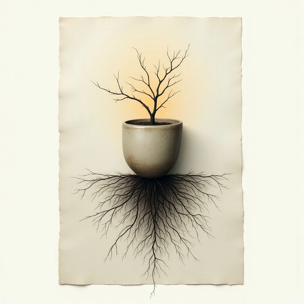 The image features a pale beige and sepia color palette with a central focus on a small pot containing a bare tree. A network of dark, spindly roots extends downwards from the pot’s base, mirroring the branches above, while the pot itself has a smooth, rounded texture contrasting with the rough, twig-like forms of the plant. Light appears to emanate from behind the tree, creating a subtle gradient in the background and highlighting the delicate structure of the roots and branches.