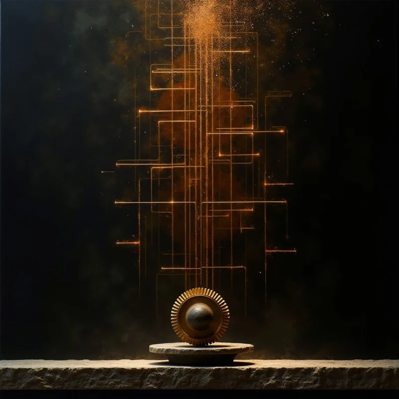 A single metallic gear sits atop a rough-textured stone pedestal against a dark, shadowy background. From the center of the gear, vertical and horizontal lines of glowing orange light ascend into a cloud of shimmering amber particles. The composition is vertically oriented, with the bright, geometric light patterns contrasting against the deep black void and the solid, grounded base.