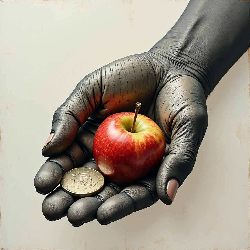 The image centers on a dark, textured hand holding a bright red apple and a golden coin. The hand’s skin appears deeply wrinkled with pronounced lines, contrasting with the smooth surface of the fruit and metallic sheen of the coin. Soft lighting highlights the curves of the hand and objects, set against a pale neutral background that creates depth and focuses attention on the central elements.