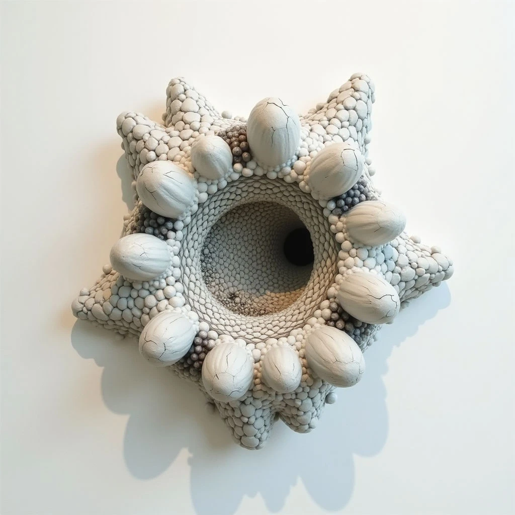 A large, textured sculpture resembling a blossoming flower or sea creature is mounted on a white wall. The piece is composed of numerous small, rounded elements and features several cracked, egg-like forms protruding from its surface. A dark, hollow opening sits at the center of the work, drawing the eye inward.