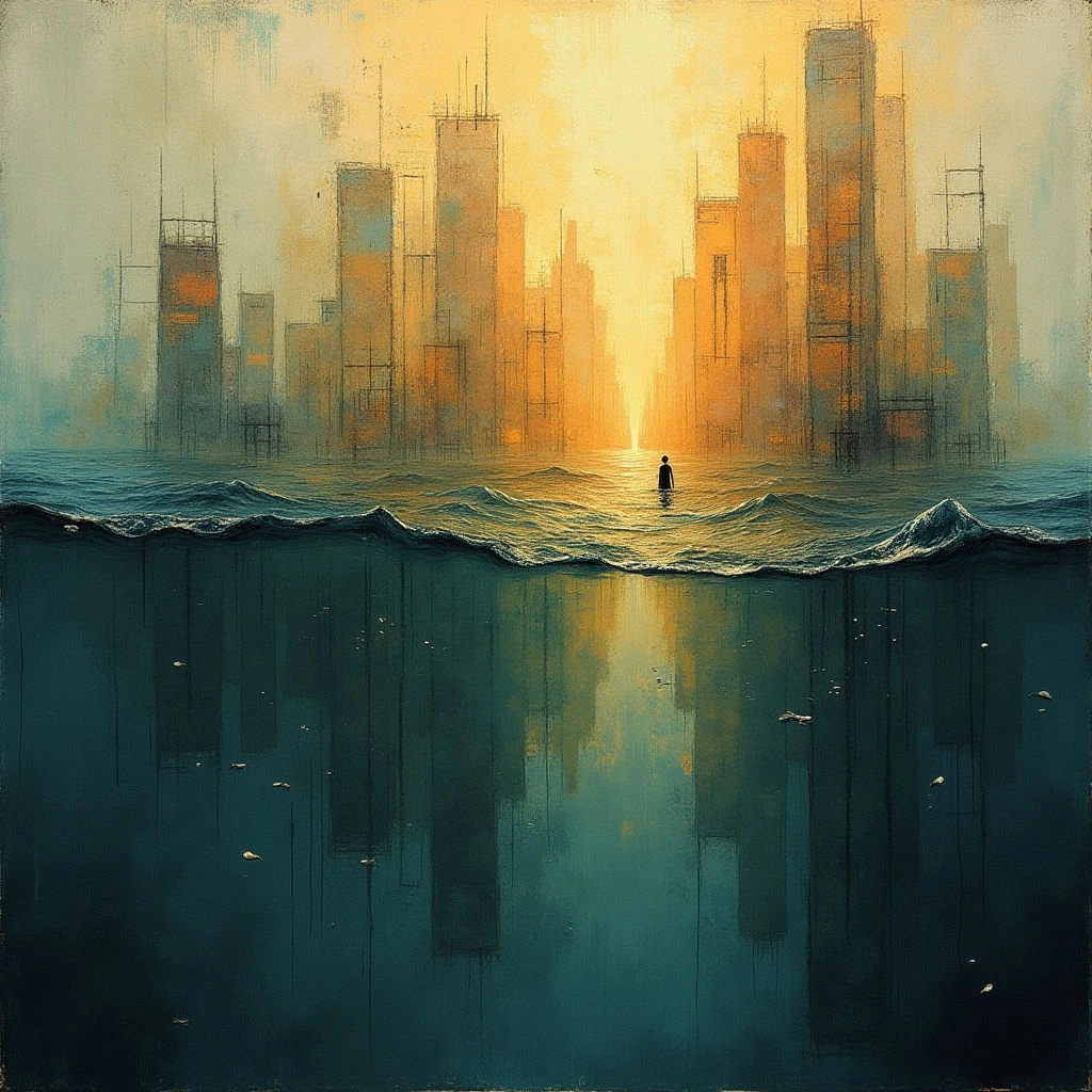 The image depicts a cityscape partially submerged in water, with warm golden hues dominating the upper half and cooler teal tones below the waterline. Tall, rectangular building shapes rise from both the surface and are reflected in the rippling water, creating a sense of depth and symmetry. A single small figure stands alone in the waves, positioned centrally within the composition and emphasizing the vastness of the surrounding environment.