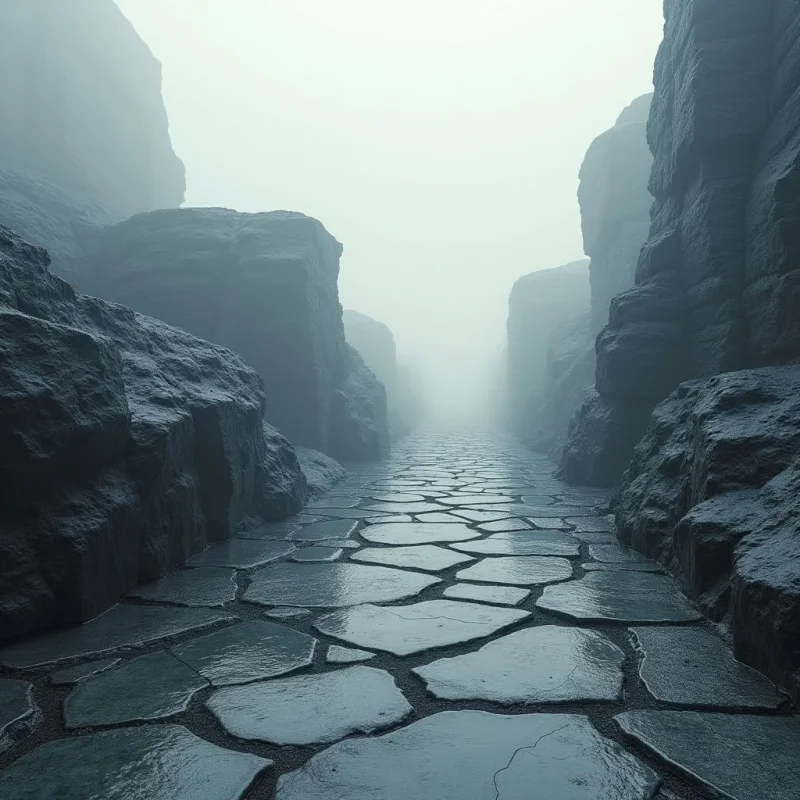 A path of large, irregular grey stone slabs leads into a dense white fog between towering, dark rock cliffs. The scene features rough, craggy textures on the vertical walls contrasted against the smooth, wet sheen of the flat ground stones. Dim light filters through the mist, obscuring the background and creating a sense of deep spatial recession along the central walkway.
