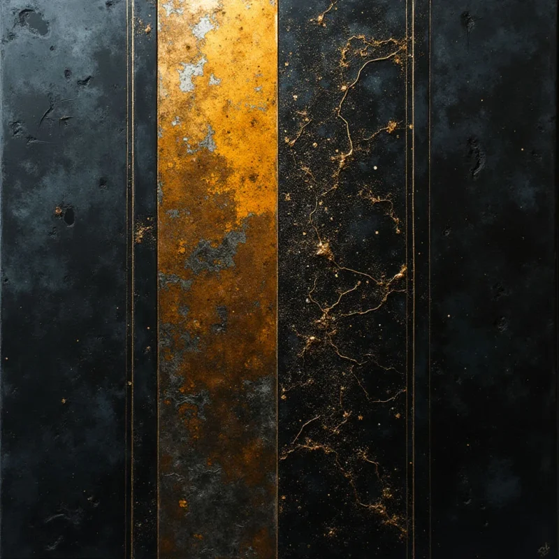 The image features a predominantly dark color palette of blacks and grays contrasted by a central vertical band of gold. Textures appear rough and uneven across all areas, with subtle speckling and crackle patterns particularly visible within the gold section and to its right. Three thin, slightly raised lines divide the composition vertically, creating distinct but adjacent panels that share similar textural qualities despite differing color tones.