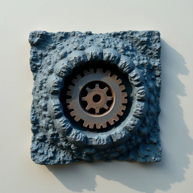 A dark gray, gear-shaped wheel is centered within a circular, craggy indentation on a rectangular slab of rough, textured stone. The composition features cool blue and charcoal tones set against a smooth, pale cream background. Harsh light from the upper left casts deep shadows into the textures and creates a soft shadow of the entire object onto the flat surface below.