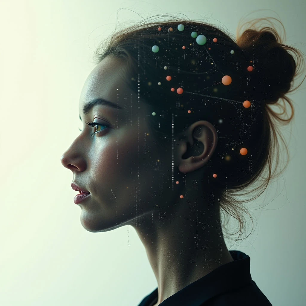 The image features a profile view of a person with dark hair loosely gathered, set against a pale green background that fades to darker tones around the figure. A cluster of small, colorful spheres and fine particles emanates from and partially obscures the area surrounding the ear and head, creating a sense of depth. Soft lighting highlights the contours of the face and neck while casting shadows within the particle cloud, with smooth skin texture contrasting against the granular effect of the digital elements.