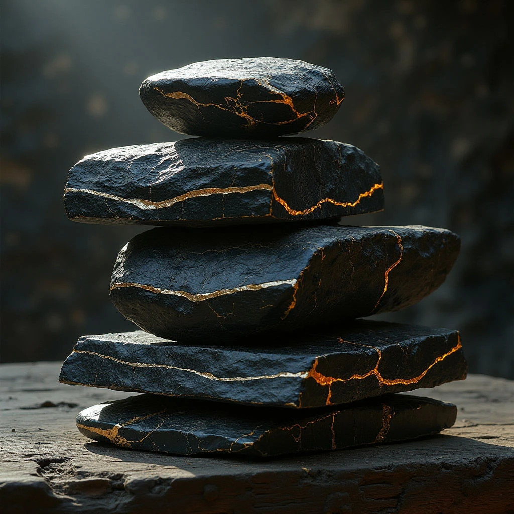The image features a stack of five dark, irregularly shaped stones balanced on a weathered wooden surface. Each stone is fractured with veins of bright gold running throughout, contrasting sharply against the deep black material and creating a rough texture. Light falls unevenly across the composition, highlighting the top surfaces of the stones and casting shadows that emphasize their three-dimensional form within a blurred, dark background.