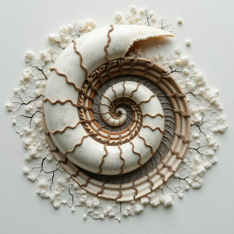 A large, off-white spiral shell sits centered against a smooth, pale background, surrounded by a ring of textured, crumbly white granules and dark cracks. The composition features rhythmic, concentric ridges in shades of cream and earthy brown that follow the curve of the nautilus shape. Soft, even light illuminates the scene, highlighting the contrast between the smooth surfaces of the shell and the rough, granular texture of the surrounding debris.