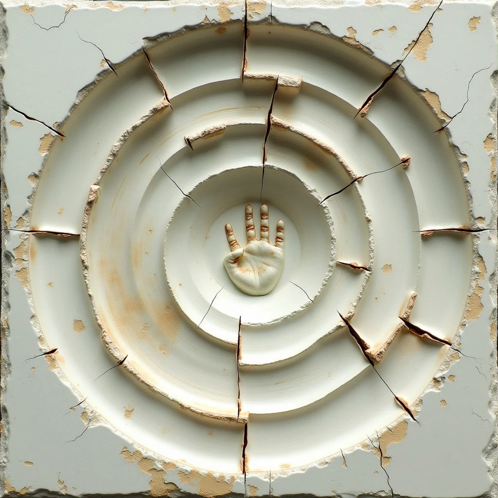 The image features a series of concentric white circles with cracked and peeling paint surrounding a central raised hand form. Warm rust tones are visible within the cracks and along the edges of the circular layers, contrasting with the cooler white surface. Light appears to be coming from above, casting subtle shadows that emphasize the three-dimensional texture and depth of the composition.