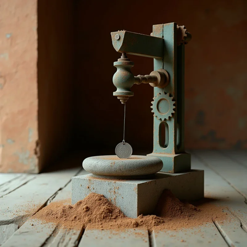 A teal-colored mechanical apparatus with gear-like protrusions stands atop a rectangular stone base, positioned against a warm, earthy-toned background. Fine, reddish-brown granular powder is piled around the base and rests on a smooth, oval stone held by a thin wire. Soft light creates subtle shadows across the textured surfaces of the weathered metal, rough stone, and loose grains.
