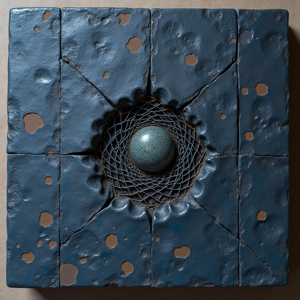 The piece is primarily composed of dark teal and brown tones with a matte finish across a grid of square tiles. A central spherical form rests within a wire nest recessed into the tile surface, creating a focal point surrounded by radiating triangular indentations. Light appears diffused, highlighting subtle textural variations in the tiles—small bumps and irregular pits—and casting soft shadows around the recessed areas.