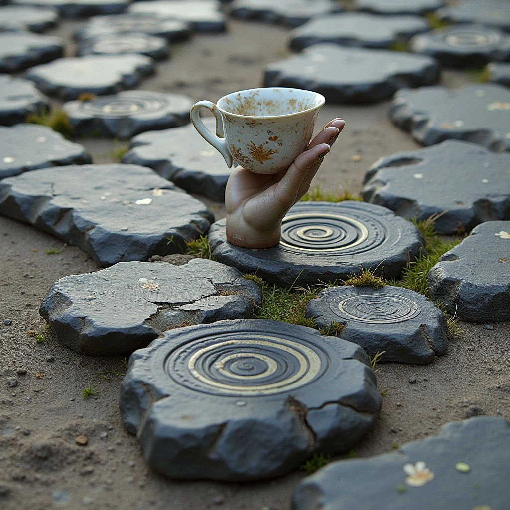 The image features a predominantly gray and brown color palette with small patches of green moss visible between stone elements. Irregularly shaped, flat stones with concentric circular patterns cover the ground plane, creating a repeating texture that extends into the background. A pale hand emerges from one stone to hold a chipped teacup decorated with gold floral designs, positioned centrally in the foreground and slightly elevated above the surrounding surface.