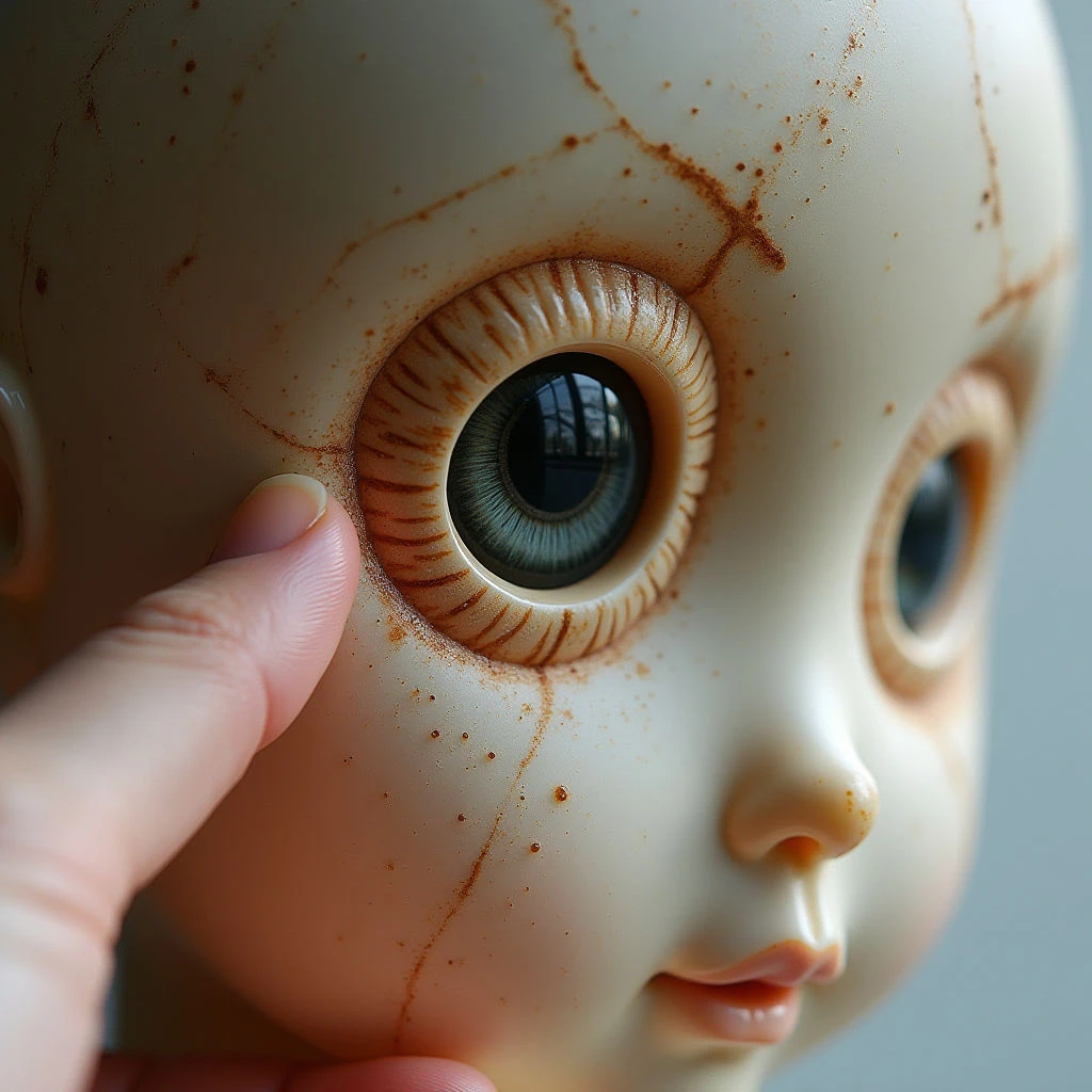 The image features a close-up view of a doll’s face with pale peach skin contrasted by dark blue eyes and reddish-brown markings across the surface. The textures range from smooth plastic to ridged eye sockets and visible pores, while shapes are primarily rounded – particularly in the facial features and hand partially obscuring the left side. Soft light highlights the contours of the face, creating subtle shadows and a shallow depth of field that emphasizes the central eye.