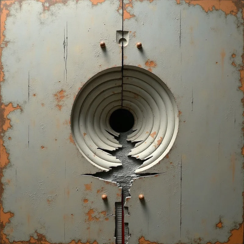 A central circular void with concentric, tiered rings is bisected by a jagged vertical crack that extends through the middle of a weathered gray surface. Patches of orange rust create irregular textures across the flat plane, contrasting with the smooth, shadowed curves of the recessed circles. The composition is organized symmetrically around a central axis, utilizing deep shadows within the circular layers to create a sense of depth against the textured background.