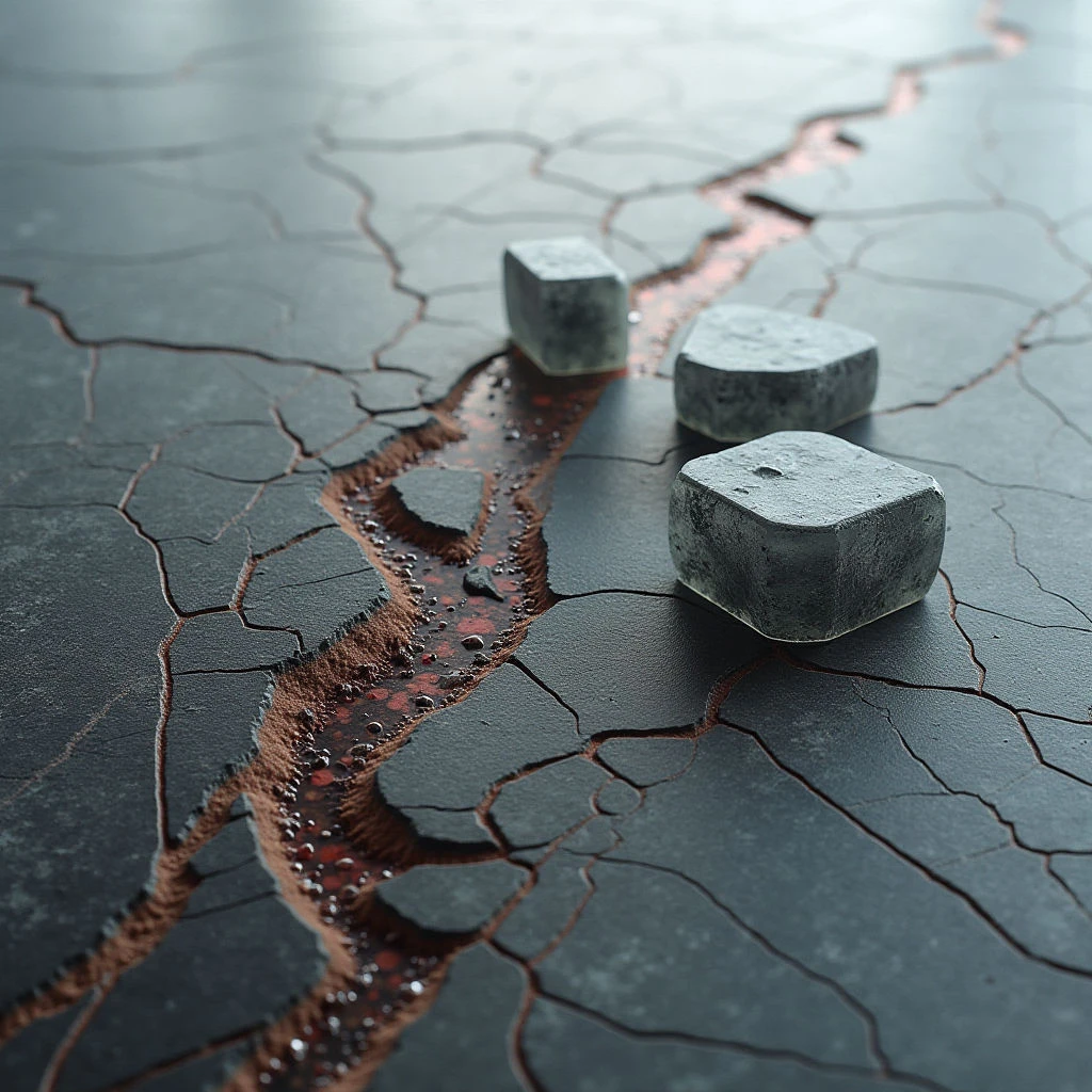 The scene is dominated by a dark gray, fractured surface with reddish-brown liquid pooling within the cracks. Four cube-shaped objects, also gray but with varied textures, are scattered across the plane at differing distances from the viewer. Soft, diffused light highlights the unevenness of the broken ground and creates subtle reflections on both the cubes and the fluid, suggesting a shallow depth of field.