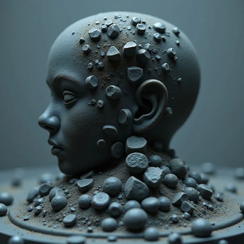 The image features a monochromatic palette of cool blues and grays, with variations in shade defining form and texture. A smooth, sculpted head emerges from a base composed of rough, irregularly shaped stones, creating a contrast between polished and granular surfaces. Soft, diffused light highlights the contours of the face and ear while casting gentle shadows across both the head and surrounding stone fragments, suggesting a shallow depth of field and close proximity to the subject.