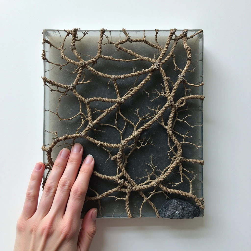 The image features a square panel of translucent grey glass containing a dense network of knotted, tan-colored rope against a dark grey background. A single smooth, dark stone rests at the lower right corner, and a pale hand extends into the frame to touch the rope structure. Diffuse light illuminates the scene evenly, creating soft shadows and highlighting the varied textures of the rope and glass.