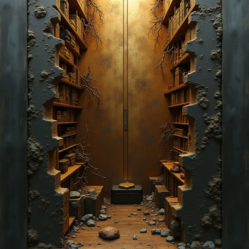 A warm, golden glow illuminates a central vertical corridor framed by jagged, dark grey stone walls and symmetrical wooden bookshelves. Bare, twisting branches extend from the shelves into the center, contrasting with the smooth, metallic surface of a tall door in the background. Debris and small rocks are scattered across a textured wooden floor, creating a sense of depth within the narrow passage.