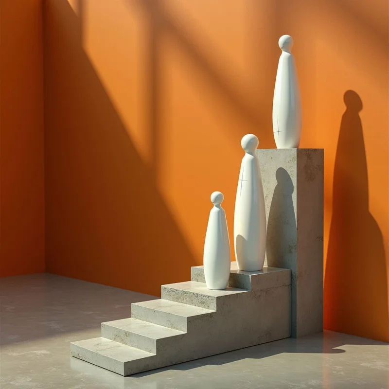 The scene features a warm orange backdrop and cool gray concrete steps ascending towards the right. Four smooth, white, ovoid figures of varying heights are positioned on the steps, each with minimal linear markings. Strong directional light casts defined shadows behind the figures and across the wall, creating contrast and emphasizing the geometric shapes within the composition.