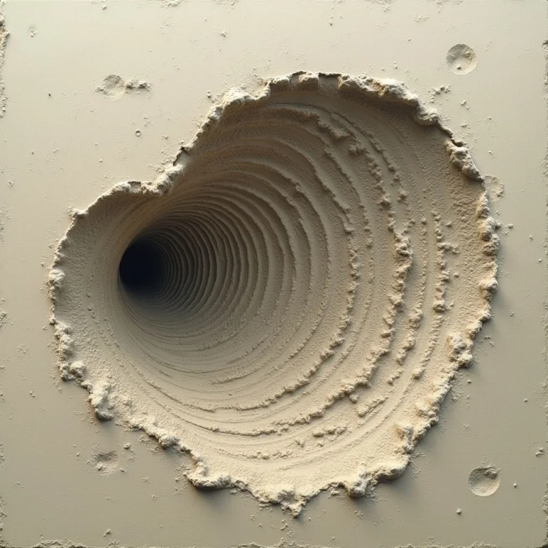 A large, circular crater dominates a flat, pale beige surface, featuring concentric ridges and a rough, granular texture that spirals toward a dark center. Soft light casts subtle shadows within the grooves of the pit, emphasizing its depth and the unevenness of its edges. Small, shallow depressions are scattered across the surrounding smooth expanse, creating a sense of vast, barren space.