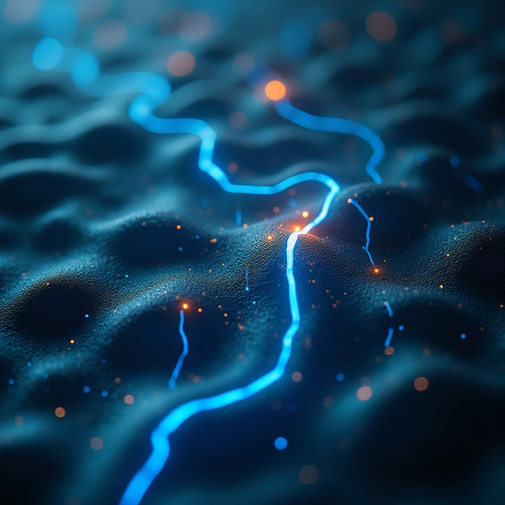 The image is dominated by shades of deep blue and teal, with scattered points of orange light throughout. A textured, granular surface undulates across the frame, contrasted by bright, thin lines that weave dynamically above it. The spatial arrangement suggests depth, with a blurred foreground and background emphasizing the illuminated lines as focal elements against the darker base.