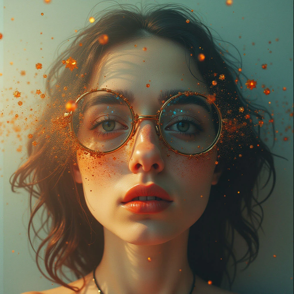 A young woman with striking green eyes stares directly at the viewer, framed by round glasses. Her face is dusted with a scattering of golden particles that seem to emanate from her gaze and hair. She has full lips and a delicate complexion, creating an ethereal and captivating portrait.