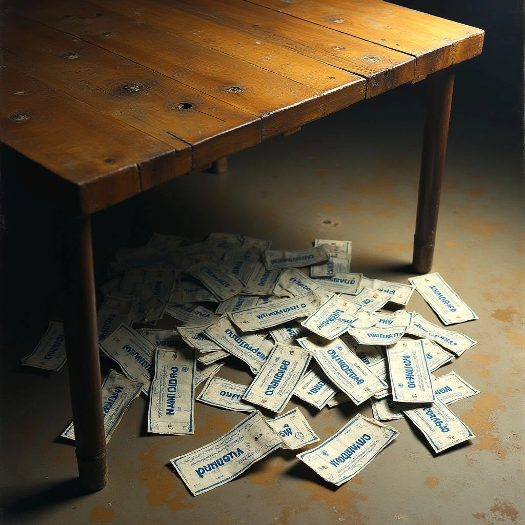 The image features a wooden table with numerous small, blue and white rectangular objects scattered beneath it. The table’s surface is warm brown with visible wood grain, contrasting with the cooler tones of the piled items below, which appear to be tickets or cards. Light falls unevenly across the scene, creating shadows under the table and highlighting texture in both the wood and the dispersed objects, while spatial relationships suggest a spill or overflow from underneath the tabletop.