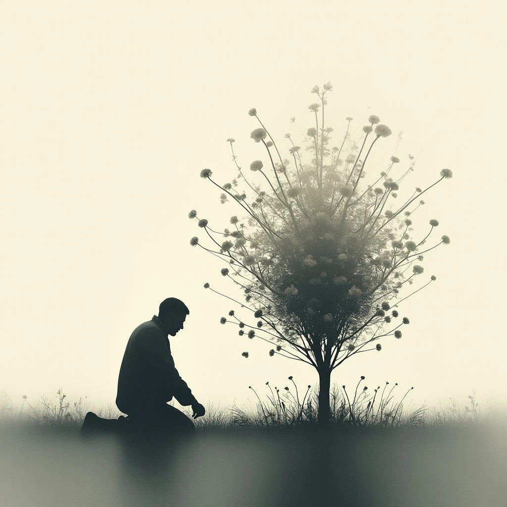 A silhouetted figure kneels in a field of tall grass, head bowed as if in contemplation or grief. Beside them stands a small tree completely covered in delicate white flowers, its shape sharply defined against a hazy, pale background. The overall tone is somber and dreamlike, emphasizing solitude and quiet reflection.