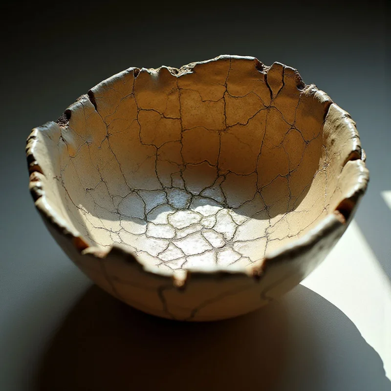 The image depicts a shallow bowl with a predominantly beige and cream color palette, exhibiting extensive cracking throughout its surface. The texture appears rough and uneven, particularly along the fractured lines and irregular rim of the vessel. Strong directional light casts shadows within the bowl’s interior and onto the dark background, emphasizing its rounded form and creating contrast against the flat plane it rests upon.