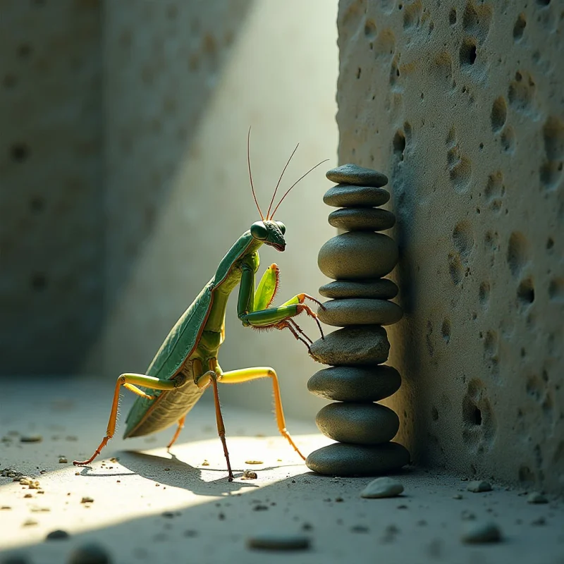 The image features a predominantly earth-toned palette of beige and green, with smooth, rounded stones stacked vertically against a textured, porous wall. A bright light source casts strong shadows across the sandy ground and highlights the insect’s body, creating contrast and defining its form; the mantis is positioned in front of and interacting with the stone stack. The composition emphasizes close proximity between the subject and the stones within a confined space defined by the surrounding walls.