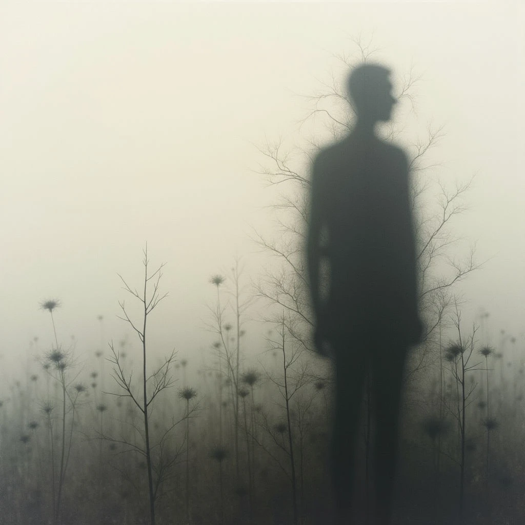 A dark, blurry silhouette of a person stands amidst a field of withered plants shrouded in thick fog. The overall tone is muted and gray, creating an eerie and desolate atmosphere. The figure seems isolated and lost within the hazy landscape.