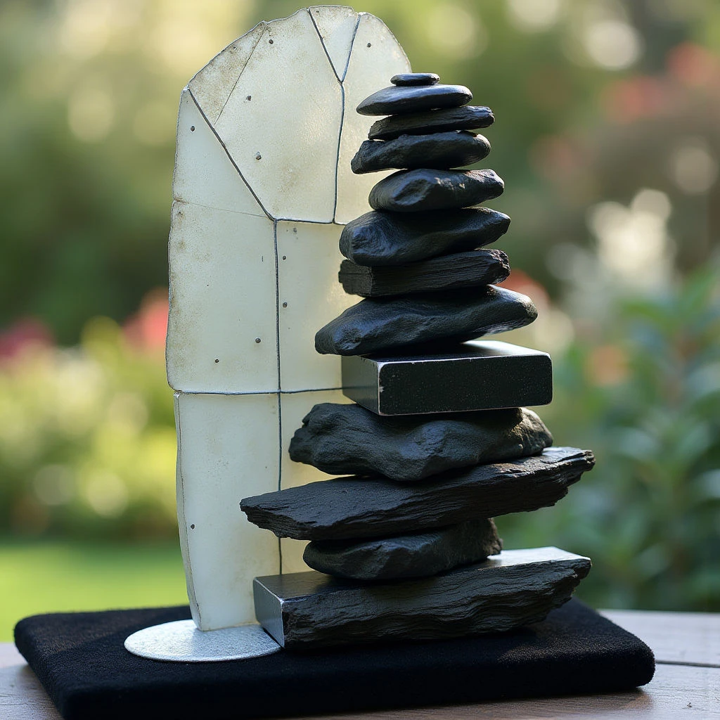 The image features a sculpture composed of dark gray stones stacked atop rectangular metal bars and anchored to a white geometric form. Smooth, polished metal contrasts with the rough, uneven textures of the stones, which vary in size and shape. Bright sunlight casts distinct shadows, highlighting the spatial relationships between the elements and creating depth against a blurred green background.