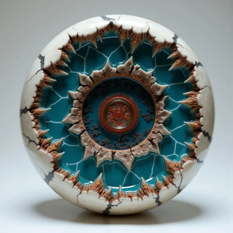 A spherical object features a cracked white outer shell that reveals a deep teal interior with a web of fine white lines. At the center, a bronze gear is surrounded by jagged, dark grey textures and sharp, star-like protrusions. Bright light illuminates the smooth surfaces and creates soft shadows beneath the sphere against a neutral background.