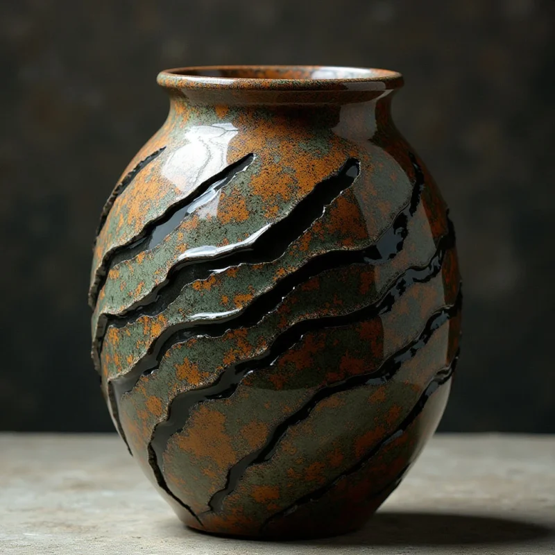 A rounded ceramic vase features a dark, mottled surface of earthy browns and deep greens, punctuated by raised, wavy ridges of smooth, glossy black glaze. The composition is defined by the rhythmic, diagonal flow of these textured stripes across the vessel's curved form. Soft light highlights the reflective sheen of the black grooves and the matte texture of the body, casting a gentle shadow on the neutral stone surface below.
