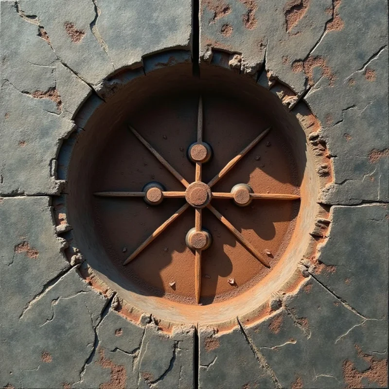A circular indentation in a cracked, dark gray textured surface reveals a warm, ochre-toned interior featuring a radial starburst pattern of thin rods and small spheres. Harsh side lighting casts deep shadows within the recess, emphasizing the contrast between the rough, fragmented exterior and the geometric symmetry of the inner element. The composition is centered around the circular void, which breaks through the vertical seam of the surrounding stone-like material.