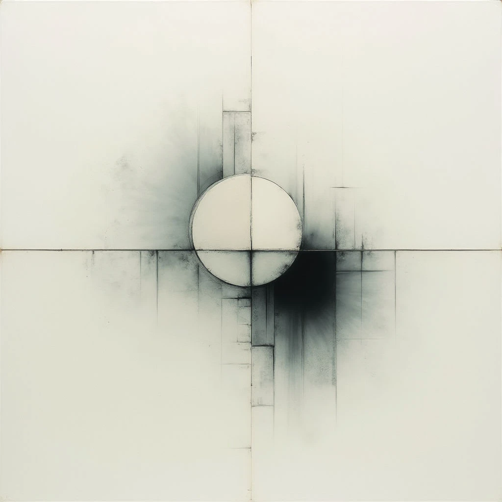 A white square is divided into quadrants by faint lines, with a circle centered where the lines intersect. Dark gray smudges and linear markings radiate outwards from beneath and around the circle, creating an abstract sense of movement or impact. The overall effect is minimalist and textural, suggesting depth despite its flat surface.