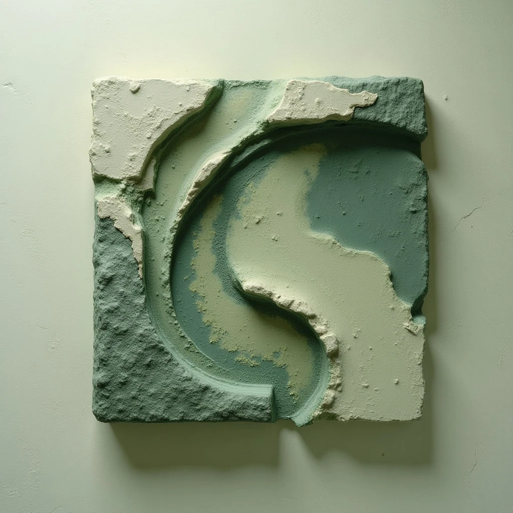 The piece features a palette of muted greens and off-whites with a rough, uneven texture throughout. A curved form carves into a rectangular base, creating both positive and negative space with jagged edges where material appears broken or chipped away. Soft light casts subtle shadows emphasizing the depth and three-dimensionality of the relief sculpture against a pale green background.
