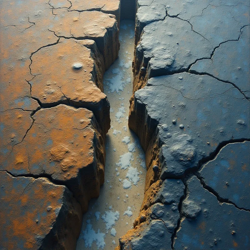 A deep, winding fissure splits a textured landscape of cracked earth into two distinct sections, one side composed of warm ochre and orange tones and the other of cool blue and grey hues. The surface features irregular, jagged shapes and a rough, granular texture that contrasts with the smoother, pale material visible within the crevice. Light descends from above, casting soft shadows along the steep interior walls of the divide.