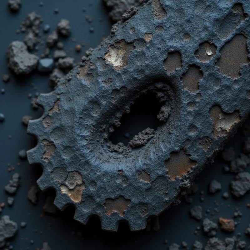 A dark, charcoal-gray textured object with jagged, serrated edges and irregular brownish pits lies diagonally across a matte navy background. Small, coarse granules of the same dark gray material are scattered around the main shape, creating a sense of depth against the flat surface. Soft, diffused light highlights the rough, granular topography of the central form and its recessed areas.