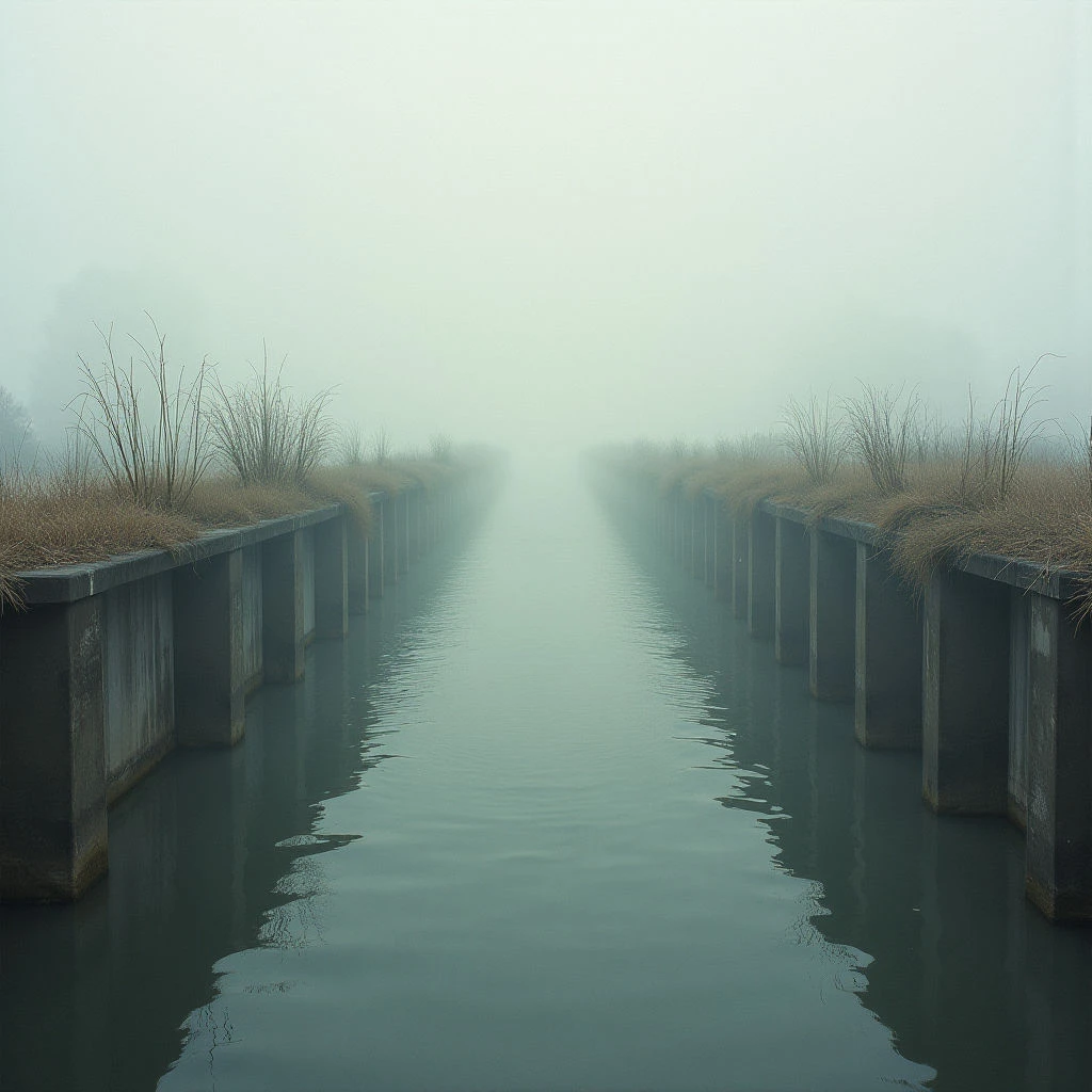 A long, narrow canal stretches into a dense fog, its still water reflecting the muted gray sky. Concrete barriers line both sides of the waterway, topped with sparse clumps of dry grasses. The scene is quiet and desolate, shrouded in mist that obscures any distant view.