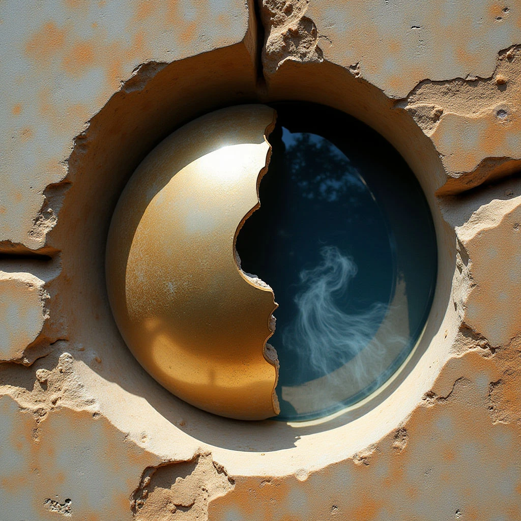 The image features a roughly circular opening in a weathered, gray-brown surface with patches of orange rust. A polished golden sphere is partially visible within the hole, reflecting bright light and contrasting sharply with the matte texture of the surrounding material. Beyond the sphere, a view of blue sky and wispy white clouds is seen, creating depth through the aperture.