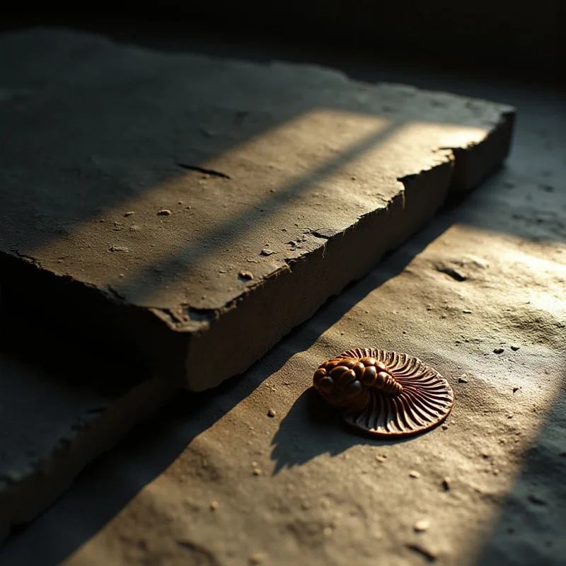 A small, reddish-brown trilobite fossil with a ribbed, oval shape rests on a coarse, sandy-textured stone surface. The scene features muted earthy tones of tan and grey, illuminated by bright shafts of light that create sharp diagonal shadows across the layered stone slabs. The composition is defined by the contrast between the smooth, organic curves of the fossil and the flat, angular planes of the surrounding rock.