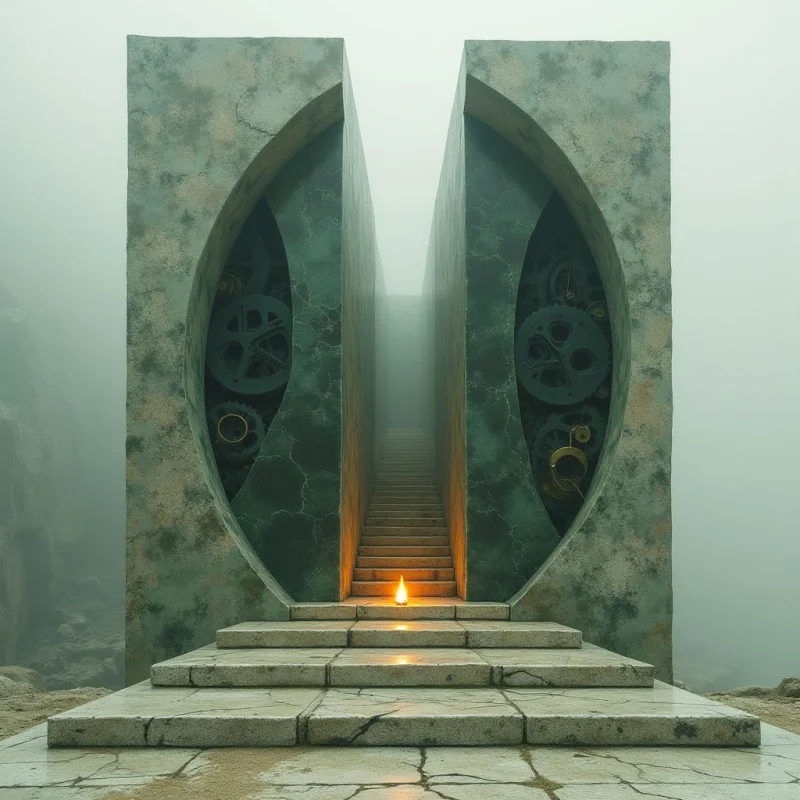 Two massive, weathered stone monoliths with large circular cutouts frame a central staircase that ascends into a thick white fog. The muted teal and grey tones of the textured stone contrast with the warm, orange glow of a single flame resting on the steps. Large, dark mechanical gears are partially visible within the hollowed sections of the structures, creating a sense of depth behind the receding stairs.