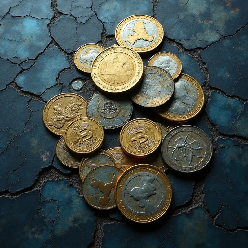 A collection of circular coins in varying metallic tones – primarily gold, silver, and bronze – are clustered together on a dark blue, cracked surface. The coins overlap and create a sense of depth with some appearing partially obscured by others. Light sources highlight the raised details of the coins while casting shadows that emphasize the texture of both the coins and the fragmented ground beneath them.