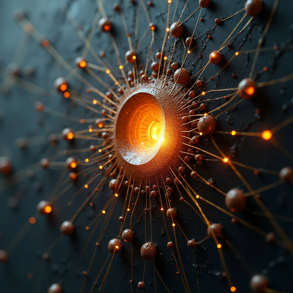 The image features a predominantly dark teal background with a central, glowing orange form that radiates outwards. Numerous small spheres in shades of brown and orange are connected to the center by thin lines, creating a network-like structure that diminishes in density towards the edges of the frame. The central shape appears textured and slightly rough, while light emanates from within it, casting subtle glows on surrounding elements.