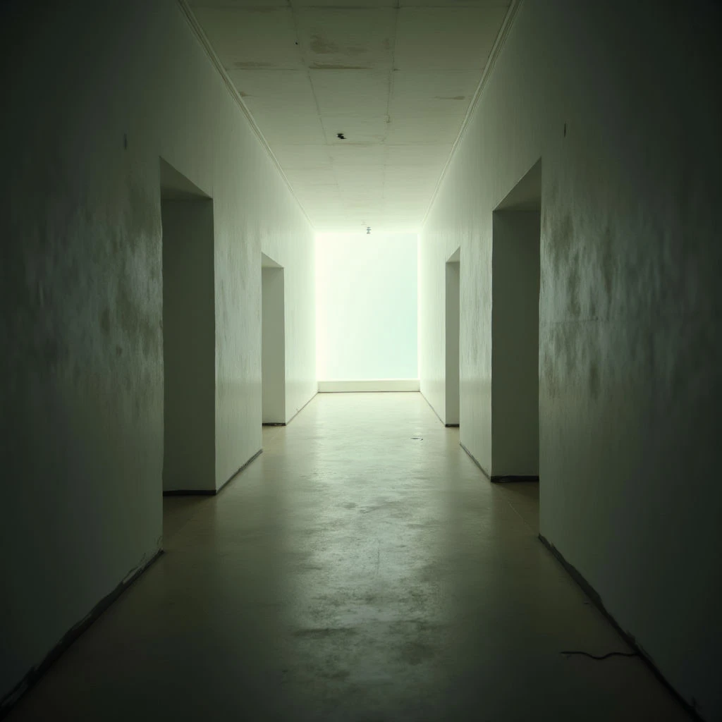 A long, pale hallway stretches into the distance with a bright light at its far end. Identical square openings are recessed into both walls, casting deep shadows and creating a sense of repetition. The floor is smooth and reflects the muted light, contributing to the stark, empty atmosphere.