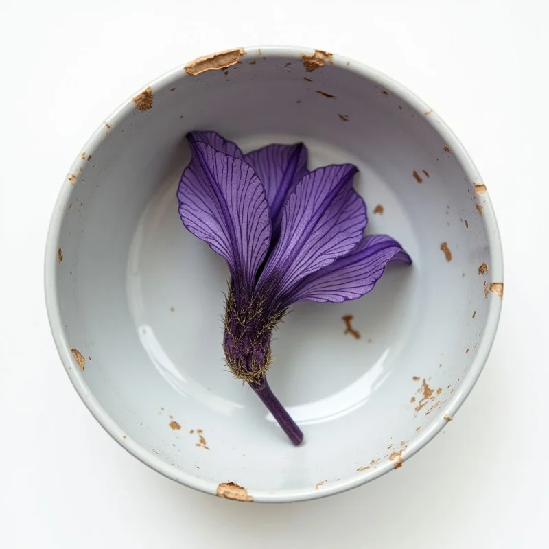 The image features a single purple flower centered within a pale gray bowl with chipped edges and a speckled texture. The bowl’s interior is smooth and reflects soft light, contrasting with the delicate veining on the flower's petals and rough stem. A bright white background emphasizes the circular shape of the bowl and creates a sense of shallow space, drawing focus to the central subject.