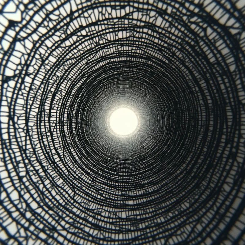 A tightly-wound, dark pattern spirals inward towards a bright, central light source. The complex design is composed of numerous thin, intersecting lines that create dense concentric rings. The effect draws the eye into the glowing core, suggesting depth and perhaps a tunnel or vortex.